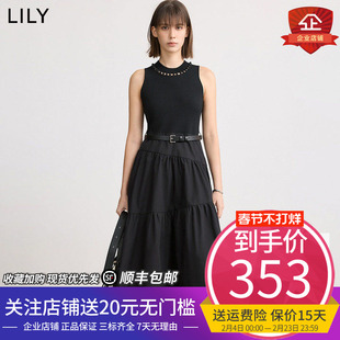 【LILY时光小黑裙】商场同款2025春新款女装针梭拼接连衣裙蛋糕裙