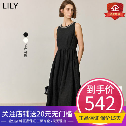 LILY法式通勤设计感修身圆领无袖收腰黑色连衣裙2024年秋季新品