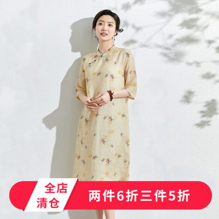 莎韵诗夏季新中式国风复古改良旗袍裙轻薄透气双层印花苎麻连衣裙