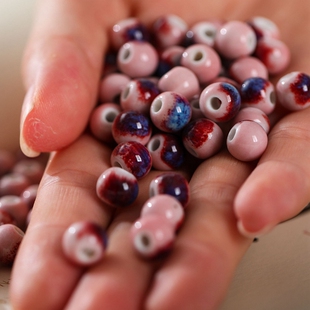 粉色景德镇学生女陶瓷圆珠散珠diy手工串珠项链手链耳饰材料配件