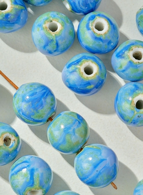 陶瓷散珠蓝色圆珠大孔瓷珠半成品学生女diy手链配件16mm圆珠串珠
