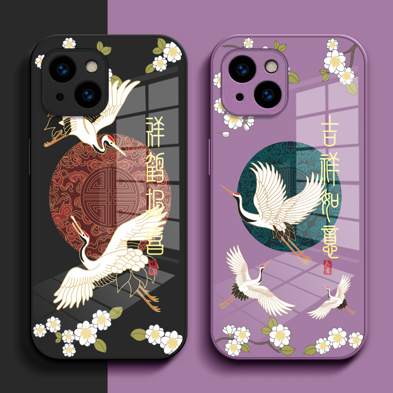 适用iphone 14手机壳A2884钢化玻璃壳iPh0ne14中国风萍果14保护套iphoe14小清新iph0ne14。玻璃套国潮
