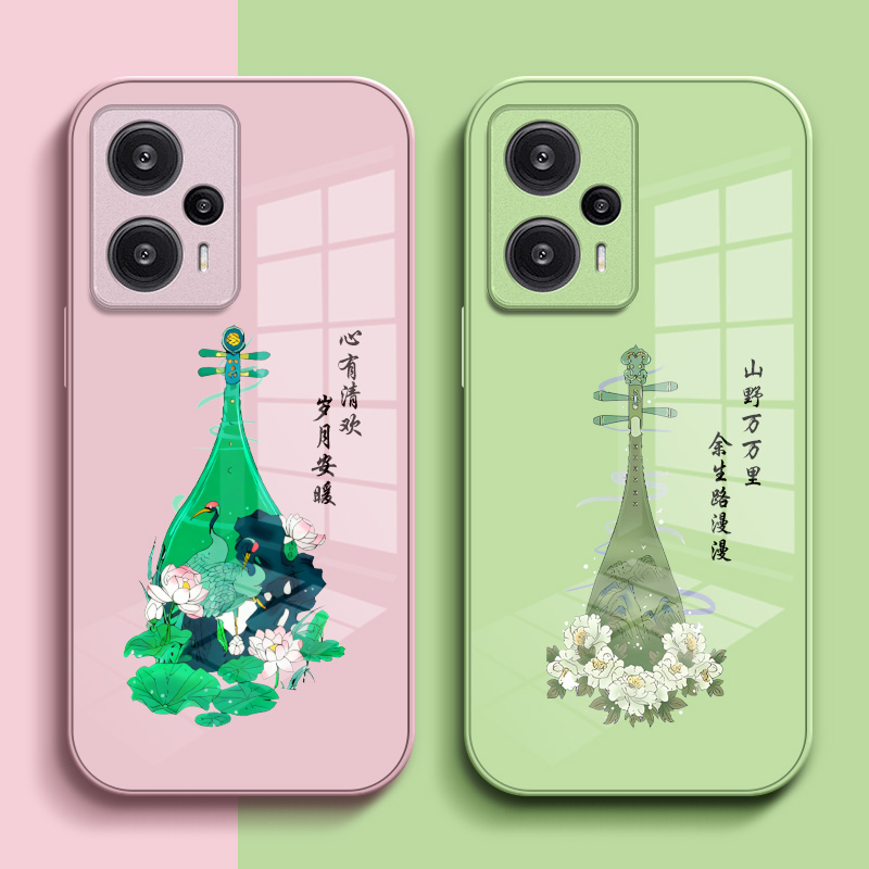 适用红米 Note12turbo手机壳23049RAD8C保护套MiuiNote12turb0钢化玻璃背板玻璃壳中国风琵琶硅胶软边