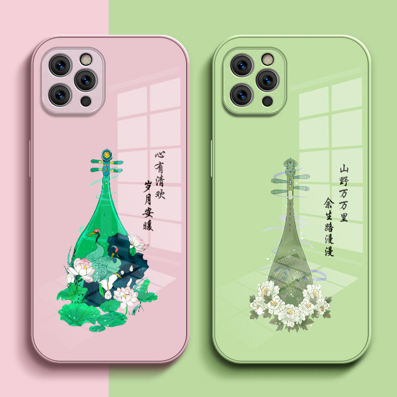 适用iphone 12pro手机壳A2408保护套iphong 12pro钢化玻璃背板Pg l2pro玻璃壳平果12pr0中国风琵琶硅胶软边