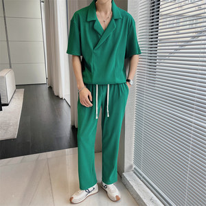轻熟风夏季短袖长裤纯色套装抖音直播男士休闲两件套C203A-8813图片