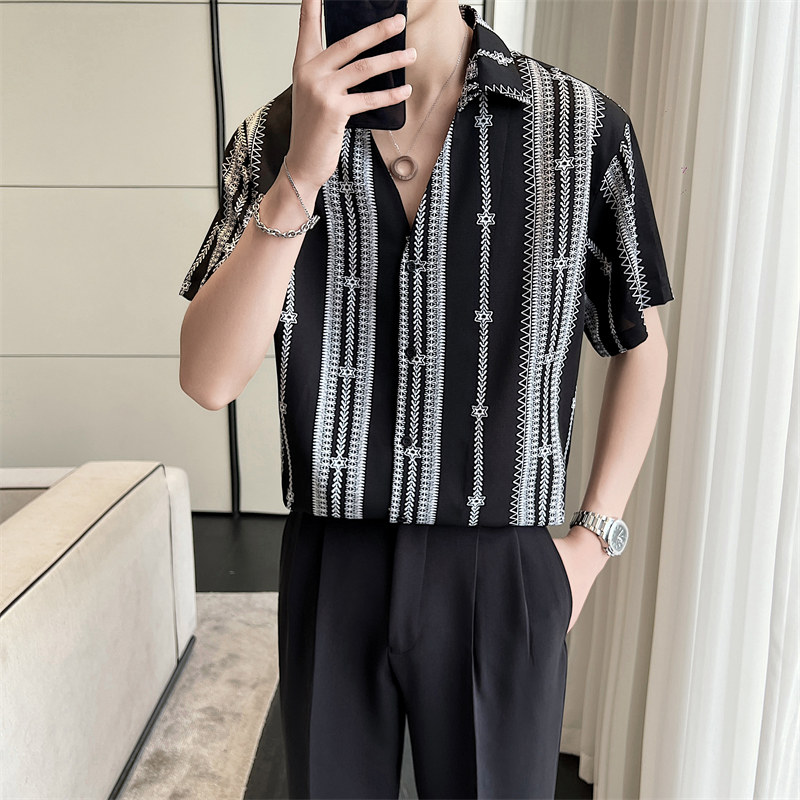 2025夏季青年男士潮牌印花短袖衬衫尖领超薄上衣男C203A-8810-P58,男装T恤,电商C208A