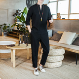 春季新款风套装亚麻七分袖衬衫复古棉麻九分裤C203A-6711P85，男装衬衫，电商C208A