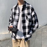 春季纯棉格子衬衫男长袖港风日系复古格纹衬衣黑白格子衫3015，男装衬衫，电商C208A