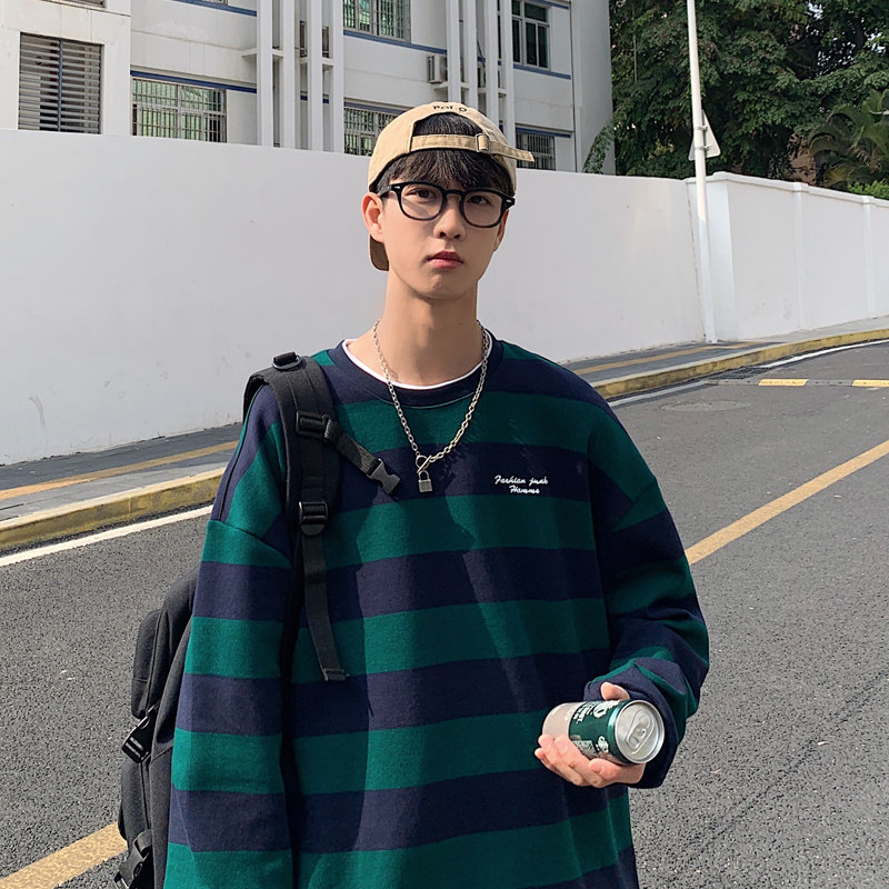 春秋卫衣男2025新款潮流宽松条纹纯棉圆领套头上衣男青年潮牌3018图片