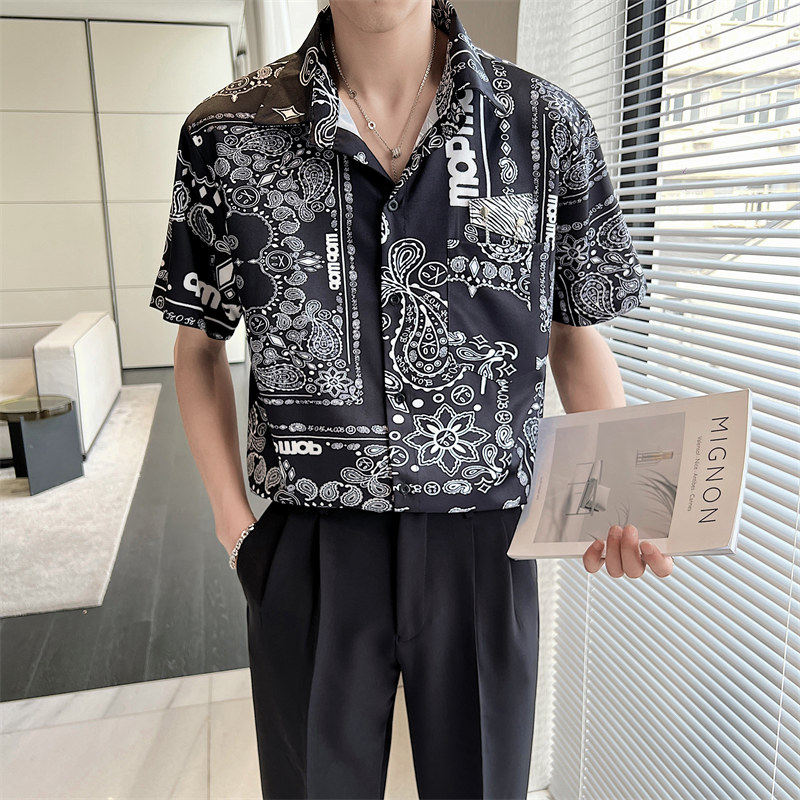 2025夏季新款男士印花短袖衬衫超薄碎花休闲上衣C203A-8811-P58,男装T恤,电商C208A