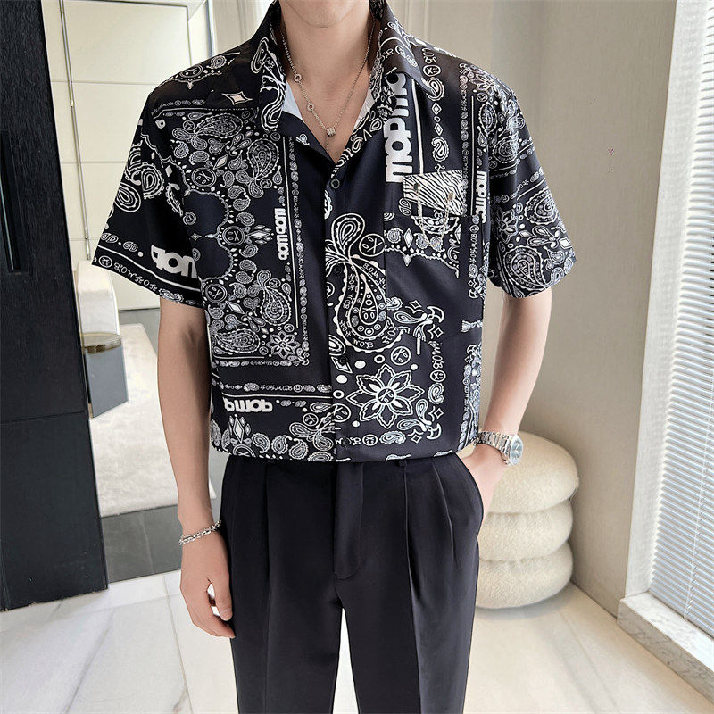 2025夏季新款男士印花短袖衬衫超薄碎花休闲上衣C203A-8811-P58,男装T恤,电商C208A
