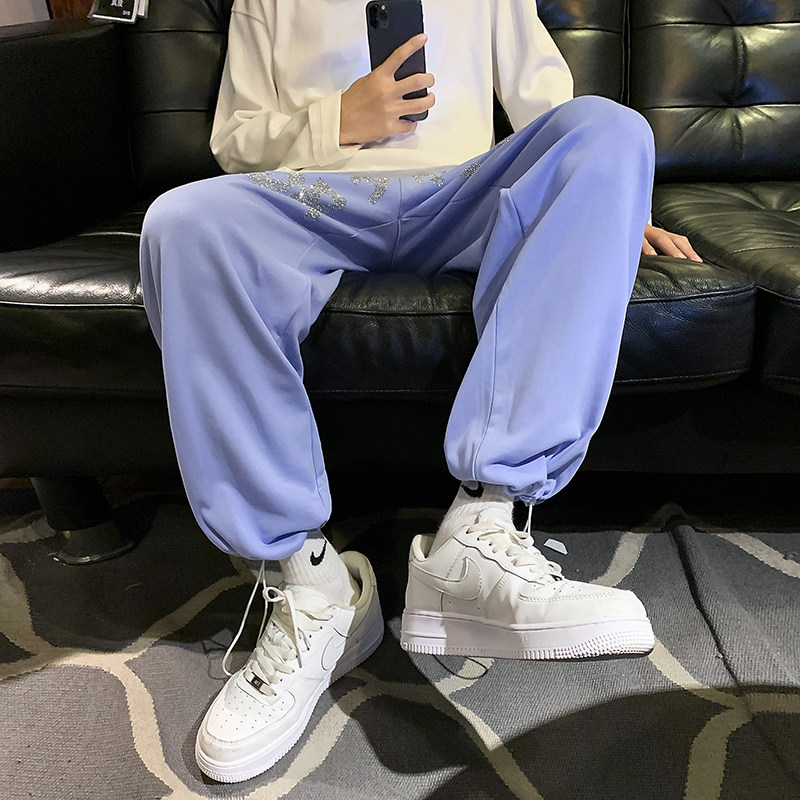 潮牌男装春秋时尚高端休闲卫裤烫钻黑色裤子宽松运动纯棉长裤6647,男装休闲裤,电商C208A