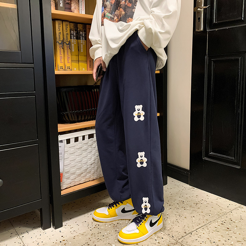 小熊印花裤子男韩版潮流抽绳束脚休闲裤秋季百搭ins九分裤6646,男装休闲裤,电商C208A