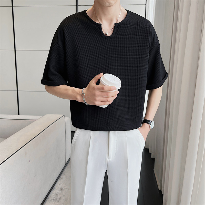 夏季男士纯色短袖V领T恤轻熟风抖音直播华夫格体恤C203A-8812,男装T恤,电商C208A