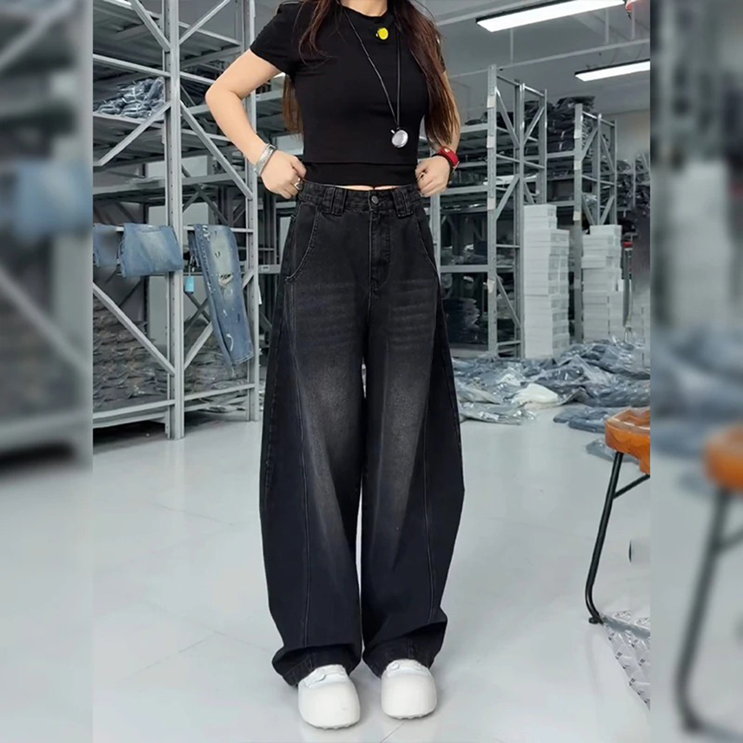 铂瑾秋季新款女士大码牛仔裤高腰显瘦阔腿裤休闲风时尚复古弯刀裤