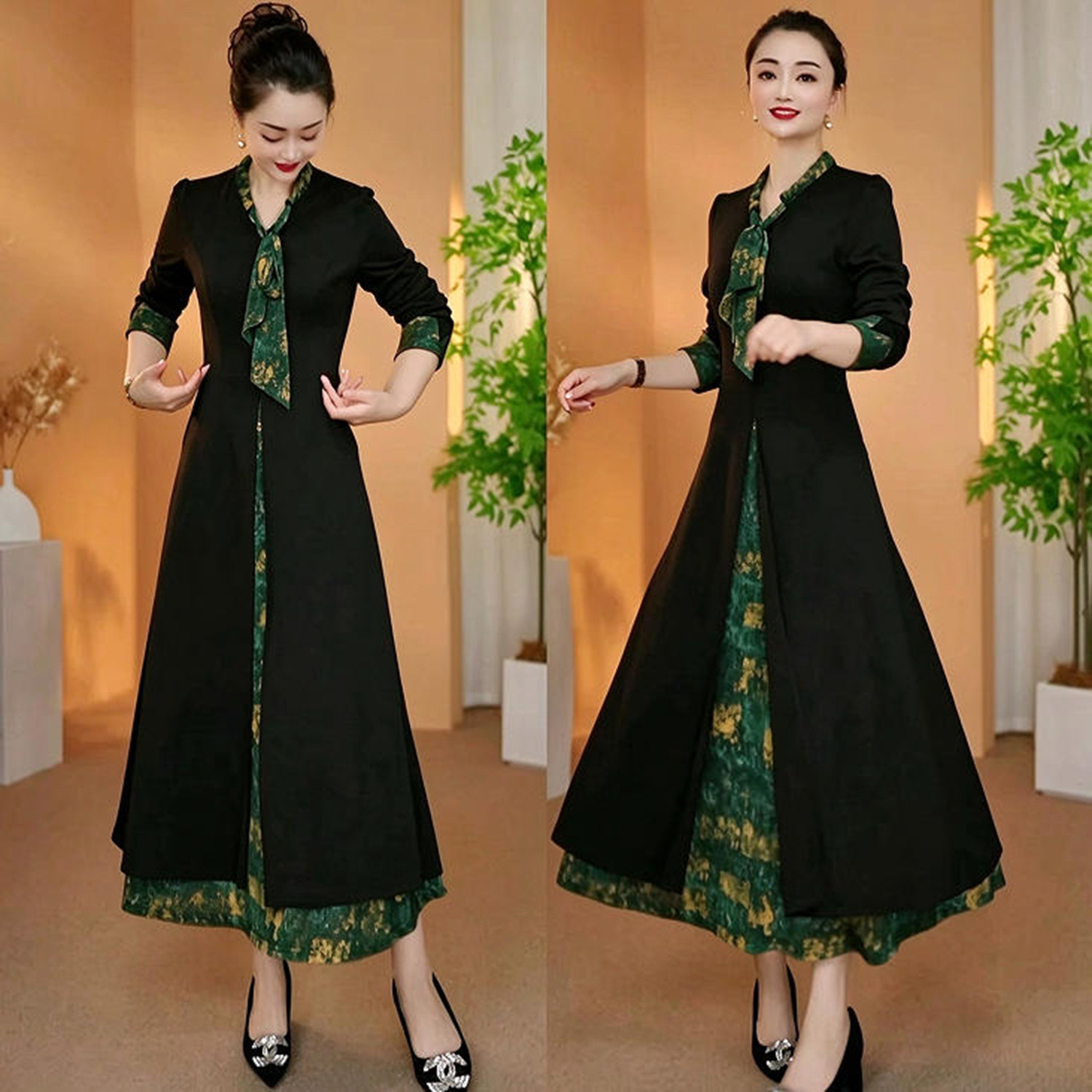 铂瑾精选女士气质妈妈装假两件连衣裙时尚轻奢减龄显瘦印花长裙子