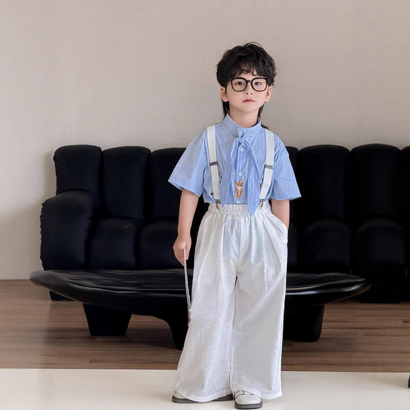 男童夏季背带裤蓝条纹短袖衬衫阔腿裤优雅绅士生日走秀礼服套装潮