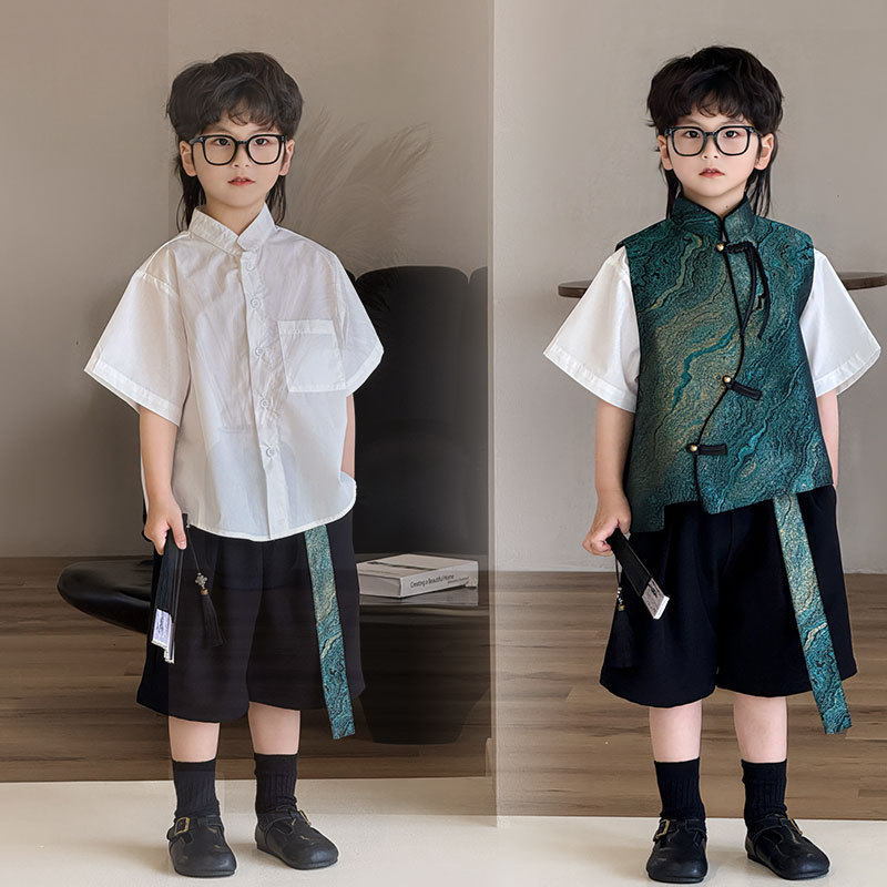 儿童马甲短裤2025夏季款新中式男童唐装汉服帅气国风短袖衬衫套装