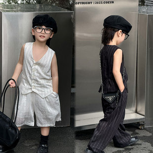男童套装2024夏季儿童黑白条纹马甲短裤薄款走秀潮范帅气休闲童装