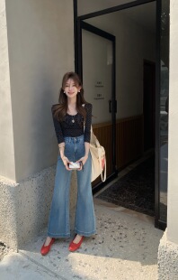 四面弹！2026早春新韩版高腰显瘦微喇牛仔裤女百搭喇叭十分裤DADA