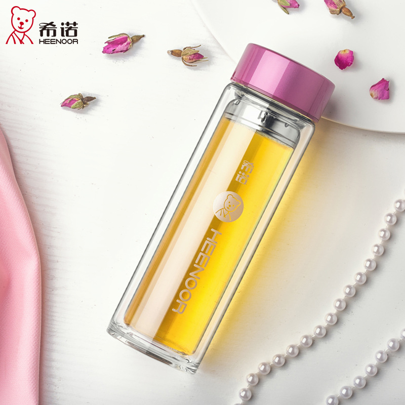 希诺玻璃杯双层带滤网女生办公商务泡花茶杯子小巧细长款随手杯