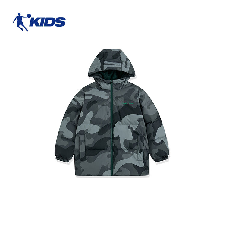 乔丹儿童男童迷彩羽绒服连帽加厚保暖大童运动梭织厚外套T8515698
