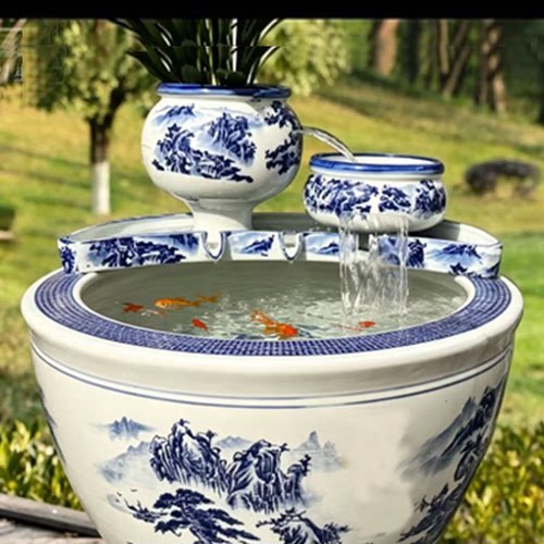 水缸循环过滤器流水瀑布陶瓷摆件古法养鱼缸增氧循环过滤陶罐水培