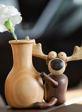 一鹿瓶安原创设计实木趣味车载摆件可爱创意祝福礼物小花瓶