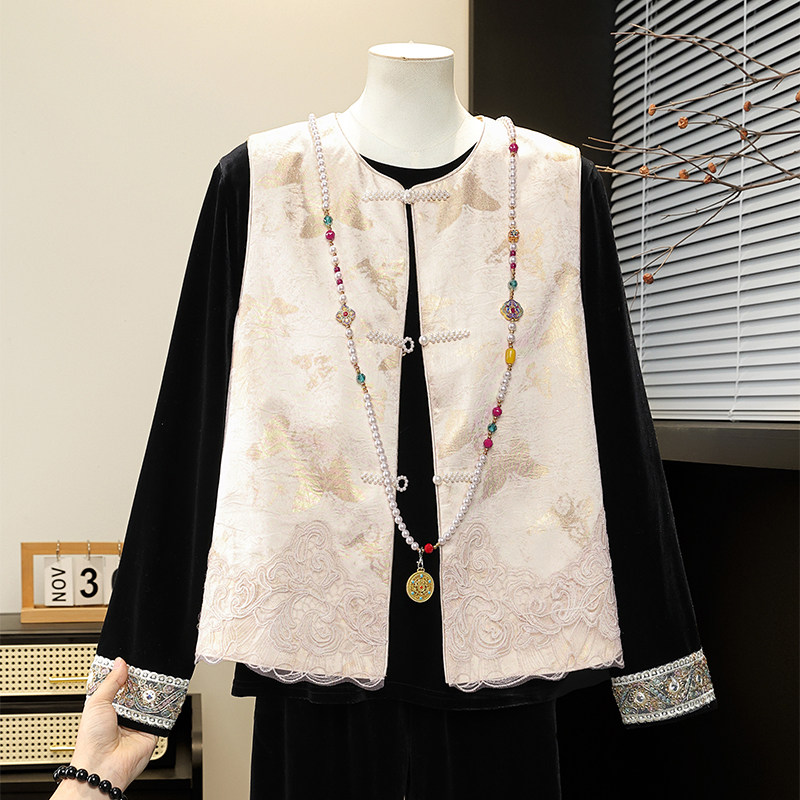 气质妈妈春装新中式国风马甲中老年女装背心外穿中年圆领无袖外套