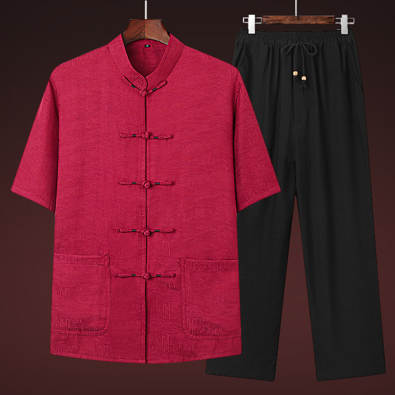 중국 스타일 아빠 얼음 실크 반팔 여름 새로운 중년 및 노인 당나라 정장 남성 얇은 양복 노인 할아버지 옷