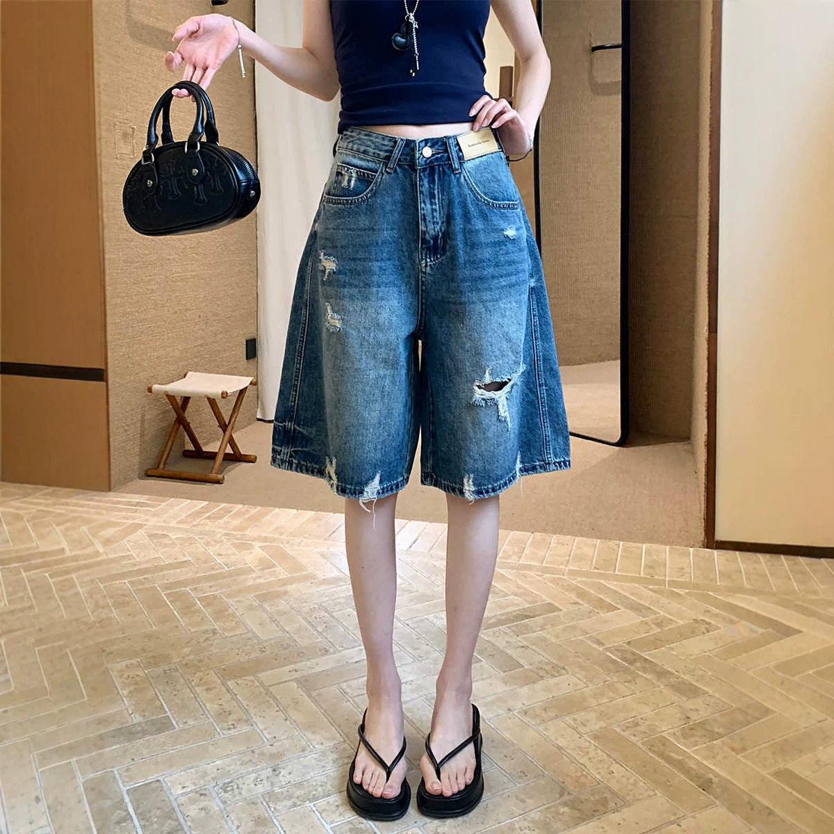 复古破洞a字五分牛仔短裤女夏季新款复古美式高腰直筒阔腿中裤子