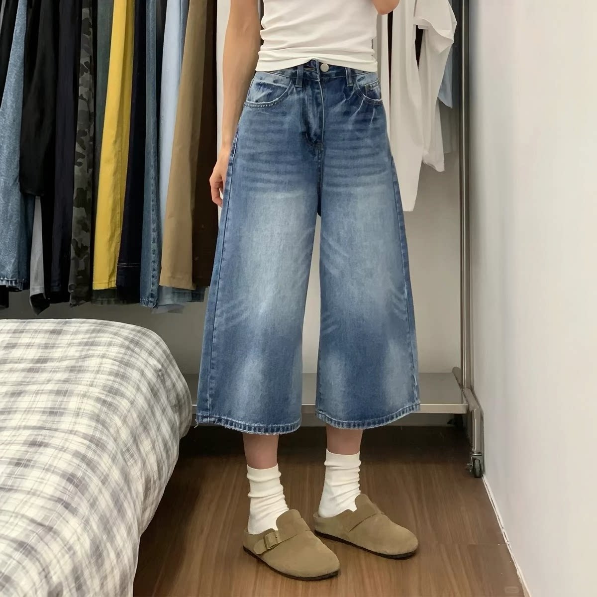 美式复古阔腿牛仔裤女夏季新款高腰宽松遮胯显瘦梨形身材七分裤子