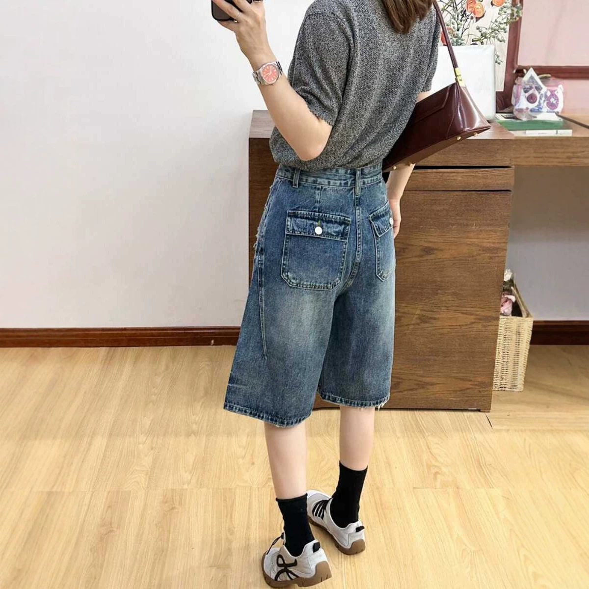 美式复古破洞阔腿牛仔中裤女2026夏季新款小众设计款直筒五分裤潮