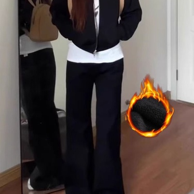 黑色美式不贴腿喇叭牛仔裤女加绒秋冬季辣妹直筒宽松显瘦微喇裤子