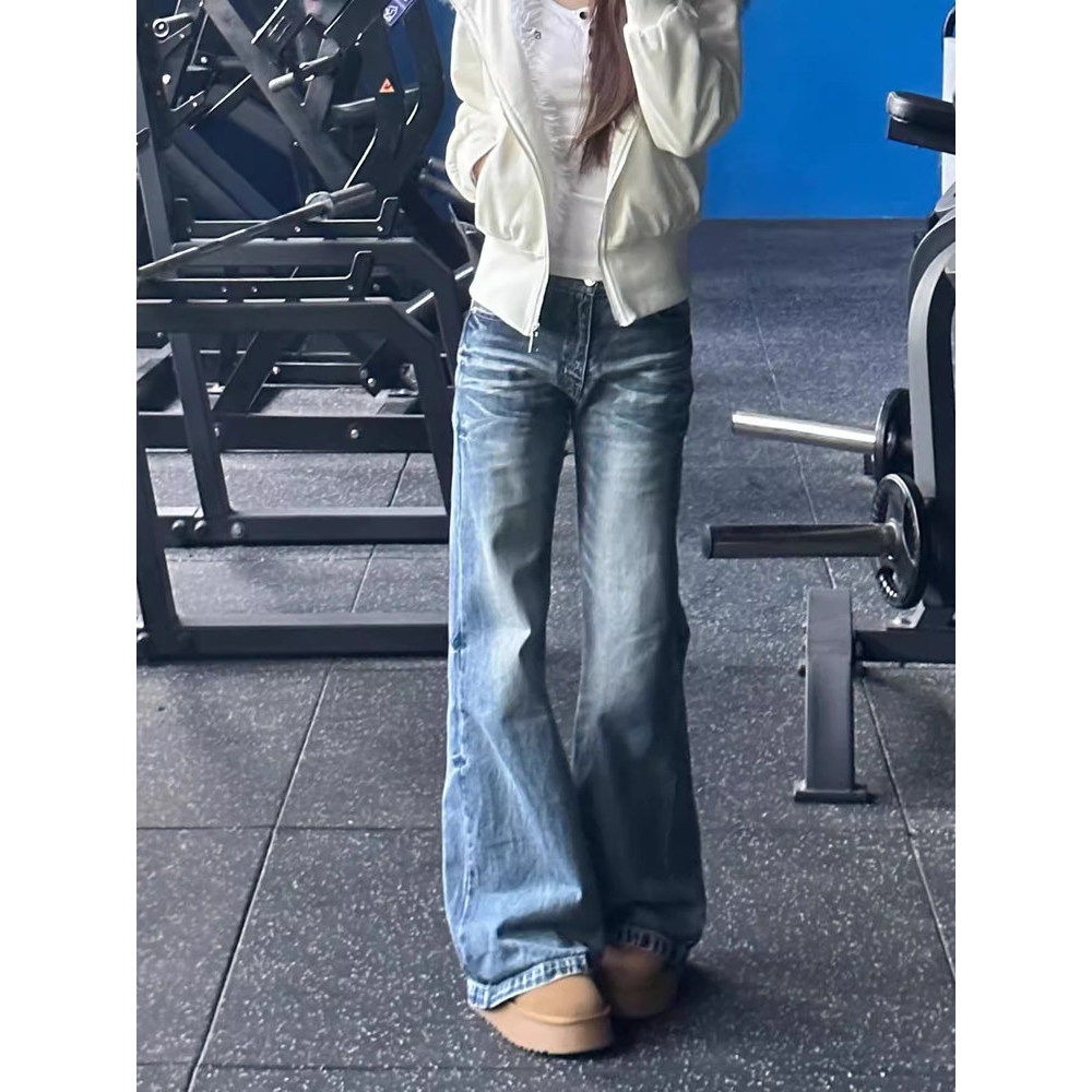 美式复古微喇牛仔裤女夏季薄款新款低腰宽松显瘦不贴腿喇叭拖地裤