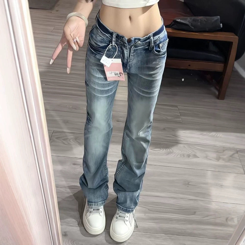 复古猫须低腰微喇叭牛仔裤女春夏设计感美式做旧辣妹弹力休闲长裤