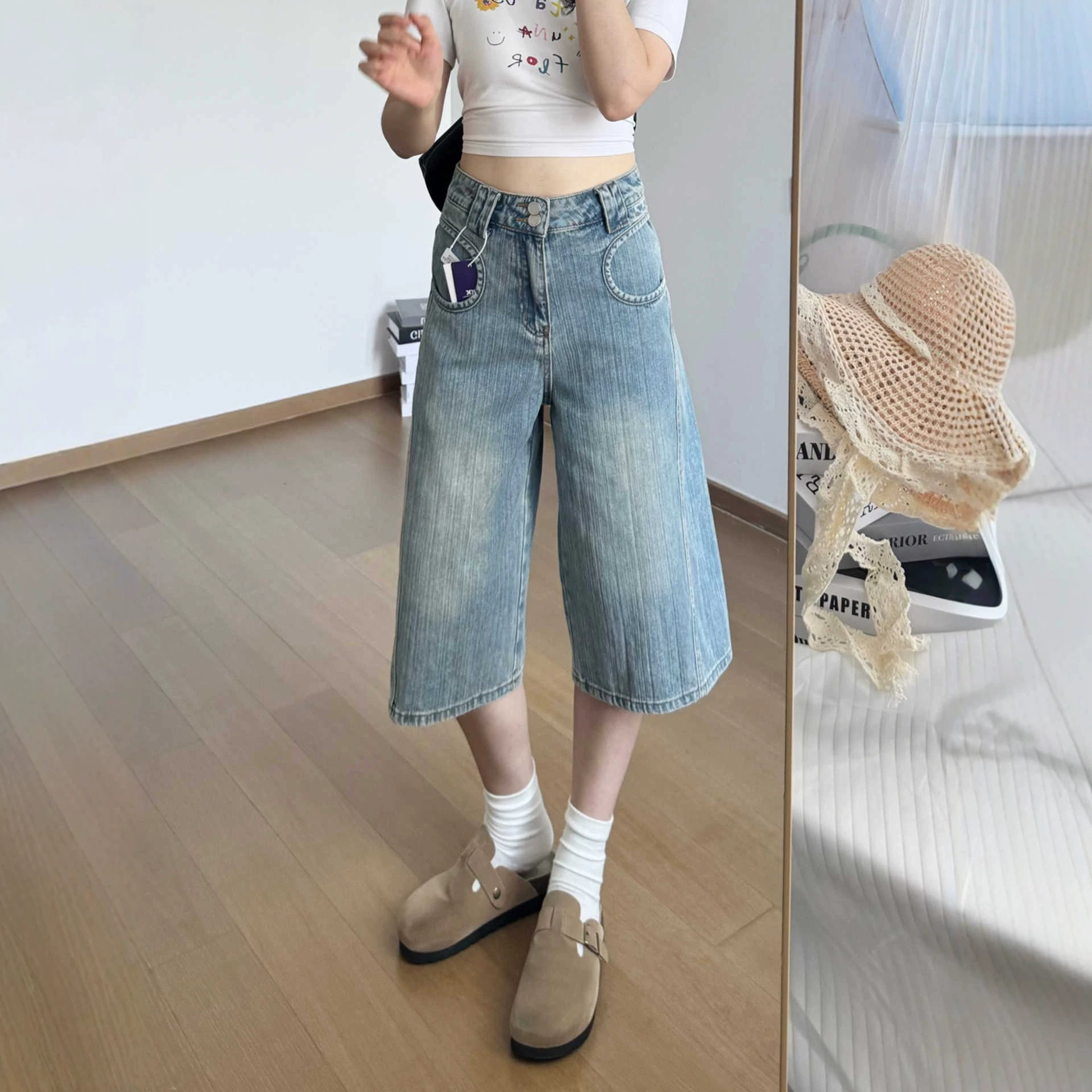 复古蓝阔腿七分牛仔裤女夏季薄款2026年高腰宽松显瘦直筒中裤子