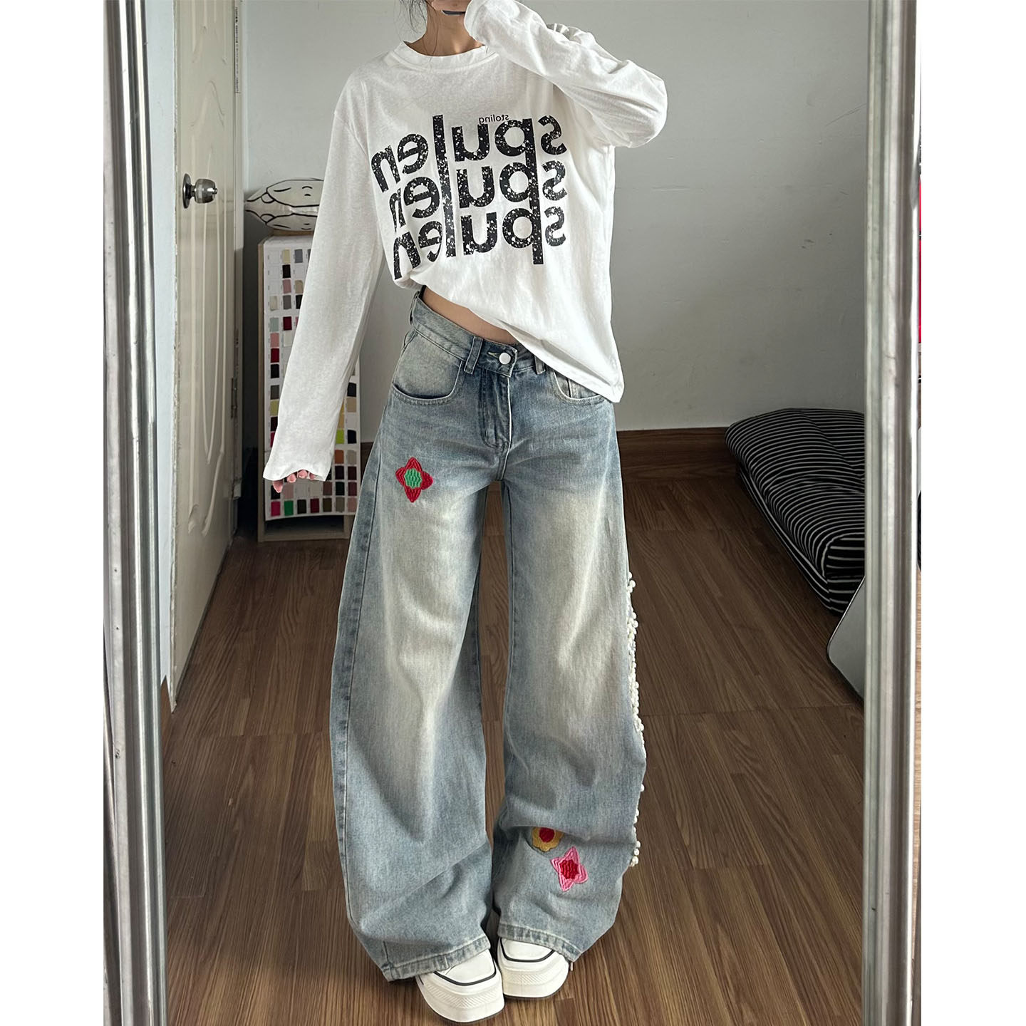美式辣妹小众时尚个性牛仔裤子女复古设计感立体花卉刺绣拖地裤潮