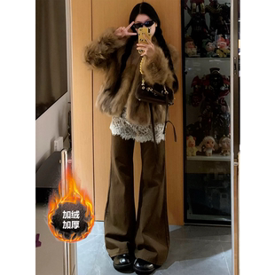 美式复古低腰微喇牛仔裤女冬季2025新款加绒显瘦不贴腿拖地喇叭裤