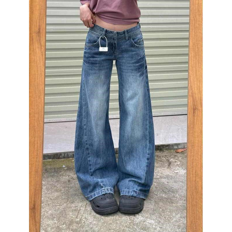 美式复古水洗低腰微喇牛仔裤女2025年秋季新款宽松窄版直筒拖地裤