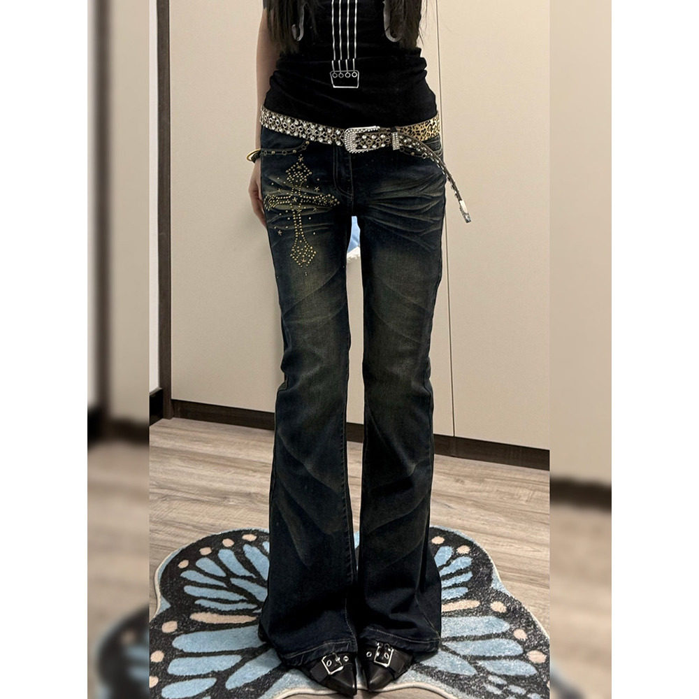 美式复古设计感烫钻牛仔裤子女夏季y2k千禧辣妹修身显瘦微喇长裤