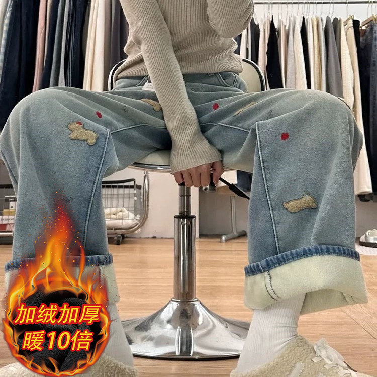 腊肠狗刺绣牛仔裤女2025新款卡通小狗浅色窄版直筒裤大码胖mm裤子