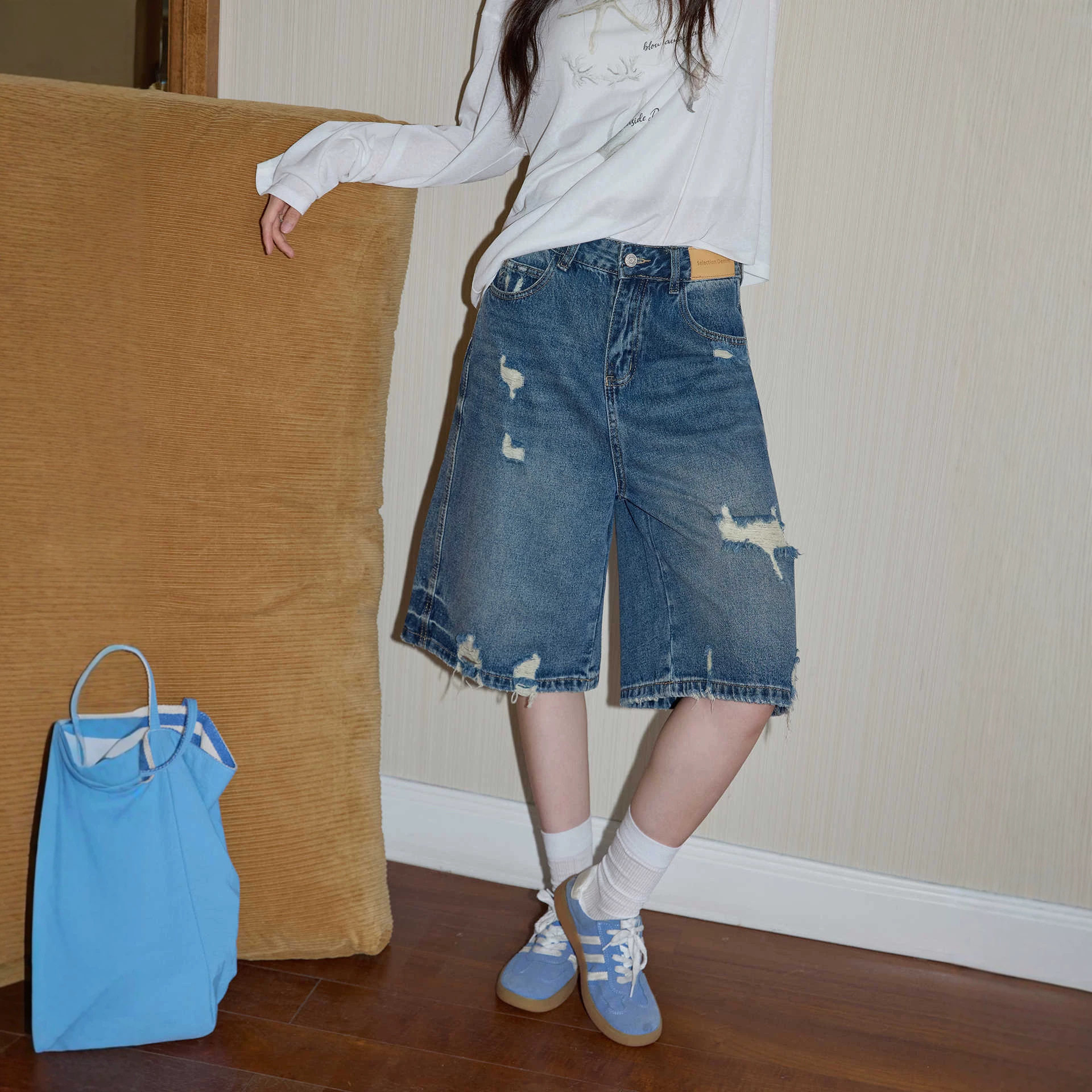 美式蓝色水洗破洞五分牛仔裤女2026夏季新款百搭宽松阔腿直筒中裤
