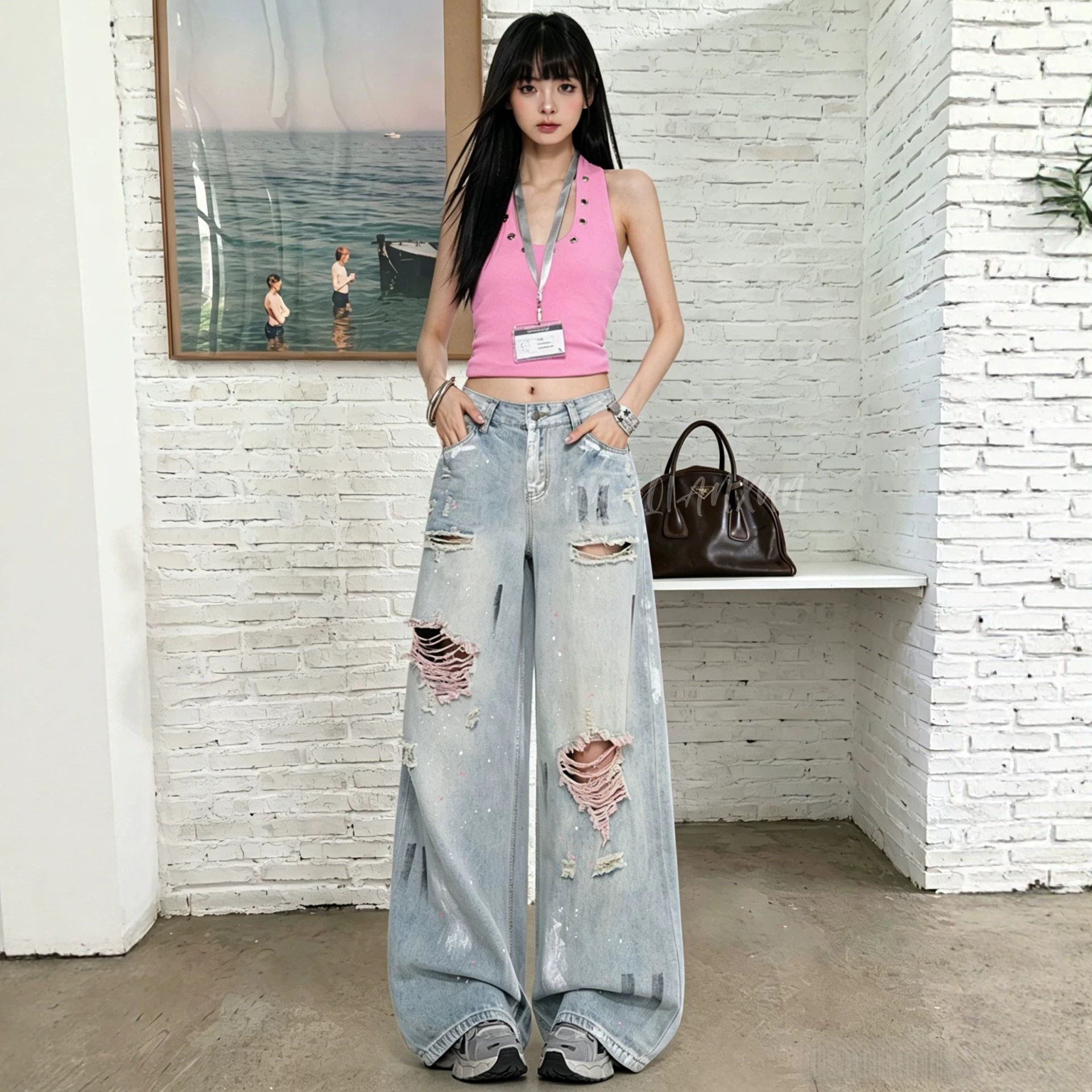 复古破洞潮流油漆阔腿牛仔裤女秋季款宽松直筒美式设计感个性长裤