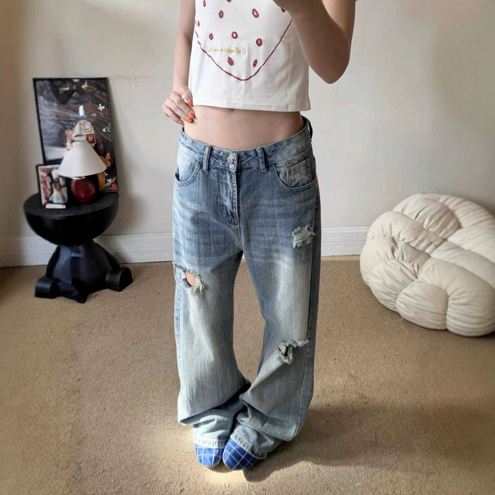 美式复古宽松破洞竹节纹弯刀牛仔裤女夏季cleanfit直筒阔腿长裤潮