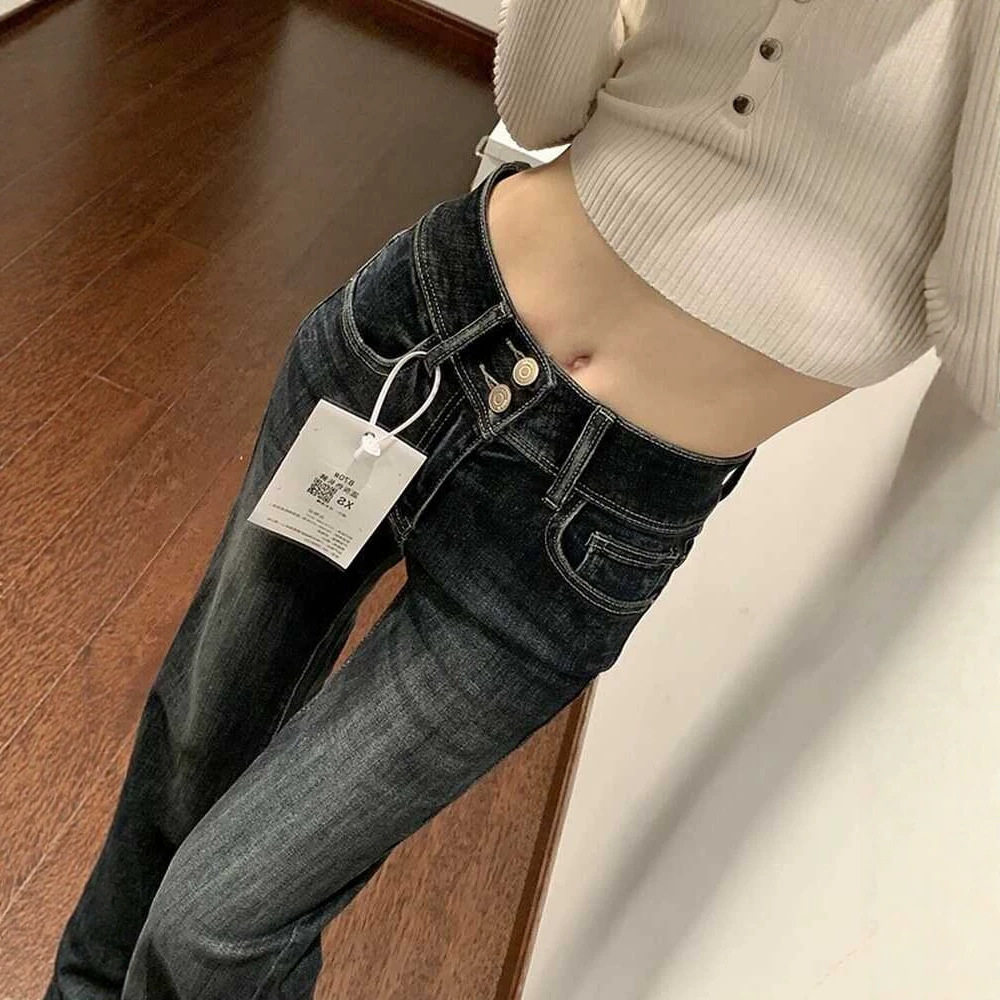 美式复古微喇牛仔裤女2026秋季新款高腰双排扣修身马蹄喇叭长裤子