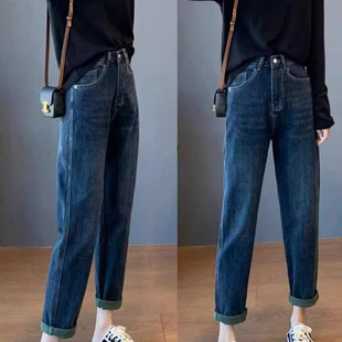 胖mm显瘦梨形身材遮胯萝卜老爹裤 新款 女冬季 加绒加厚哈伦牛仔裤