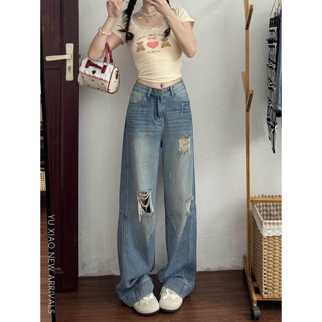 美式破洞牛仔裤女高腰夏季新款胖mm大码梨形身材显瘦宽松阔腿裤子
