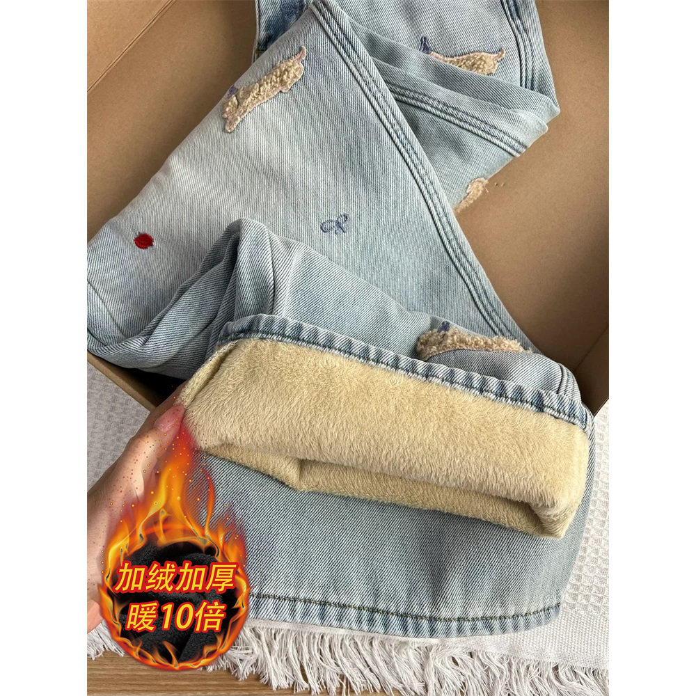 腊肠狗大码胖mm设计感刺绣水洗加绒加厚牛仔裤女秋冬季阔腿拖地裤,女装/女士精品,牛仔裤,淘宝优惠券,粉丝福利购,淘宝优惠卷