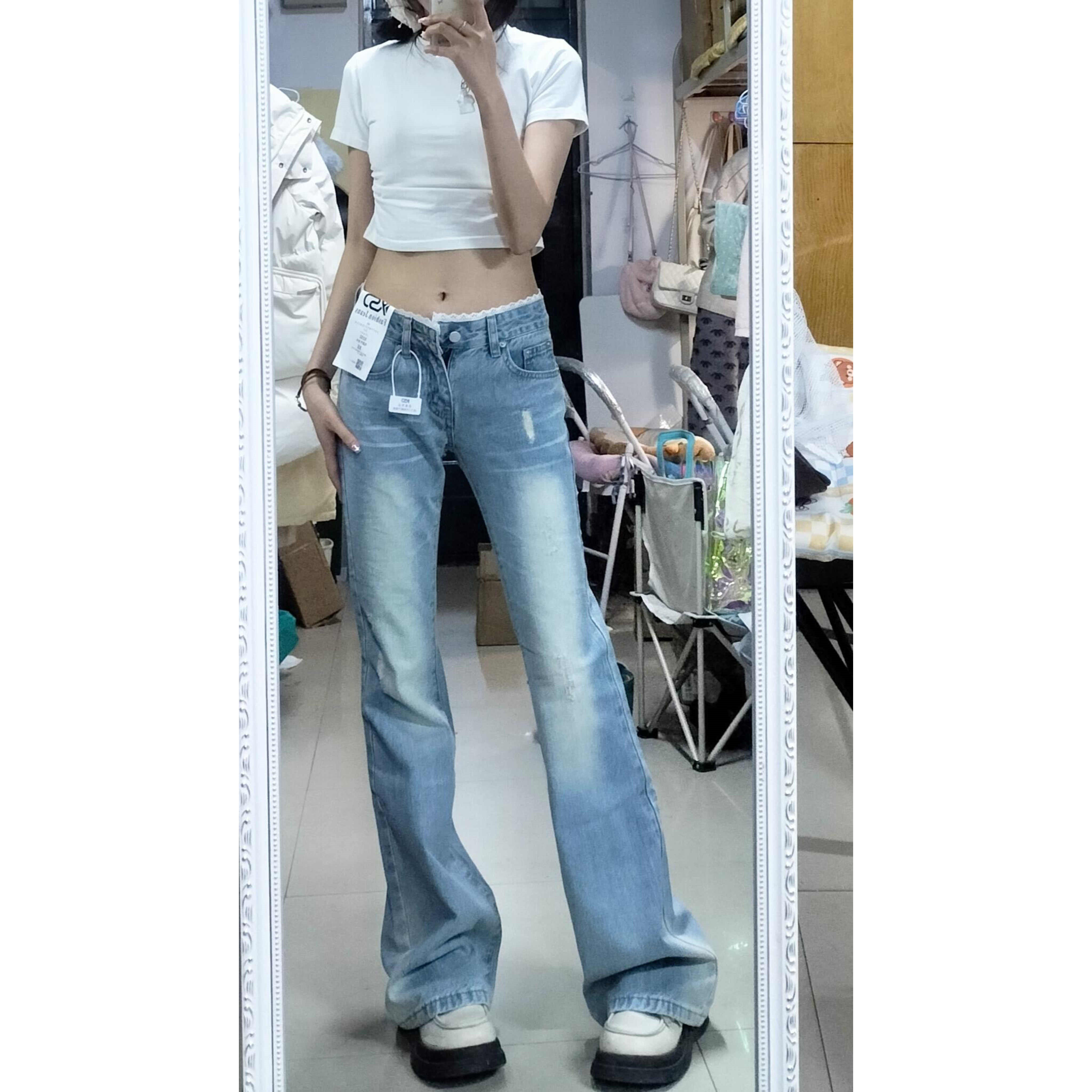 水洗浅色微喇叭牛仔裤女2026年春夏季设计感小众显瘦拖地长裤子潮